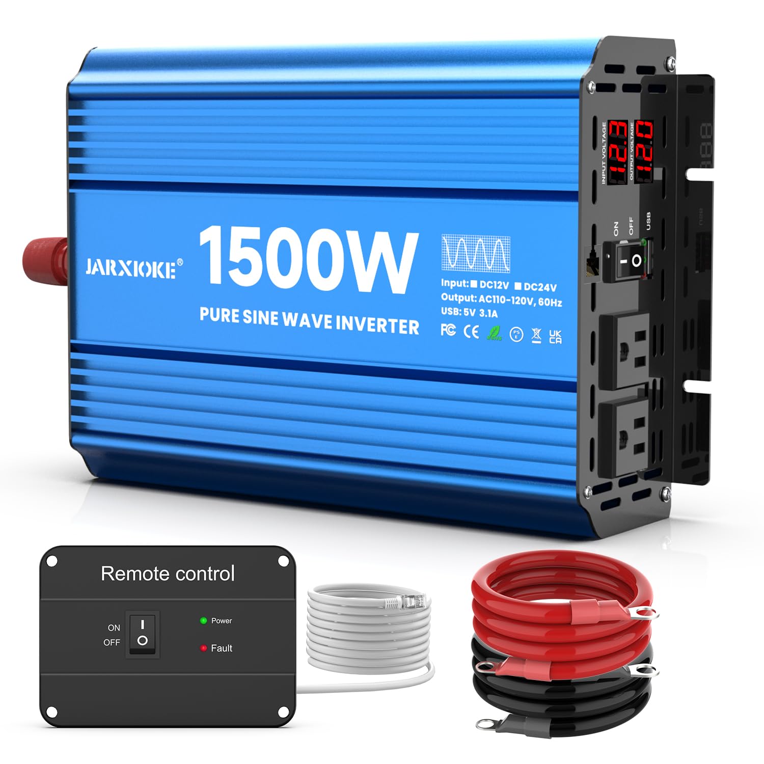 JARXIOKE 1500W pure sine wave inverter with LCD display showing status