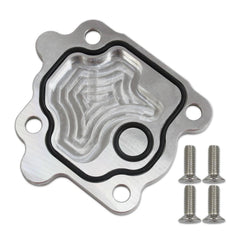 Jasper Autopart vacuum pump delete plate installed in engine bay for a clean, tidy appearance.