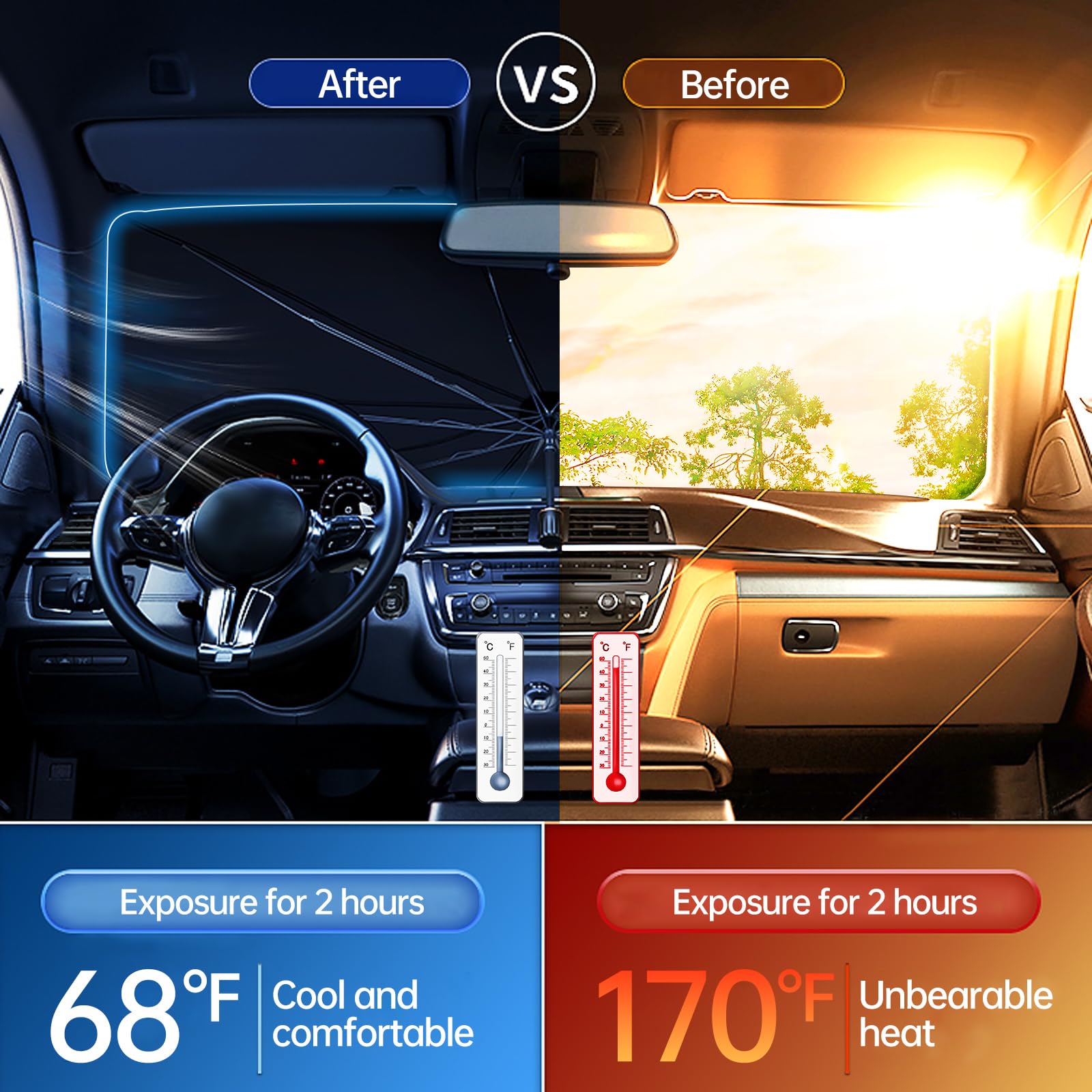JASVIC sun shade umbrella opened to block heat and UV inside the car