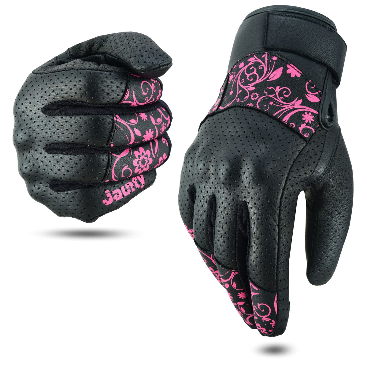 JAUNTY leather motorcycle gloves for women in pink with touchscreen-friendly fingertips.