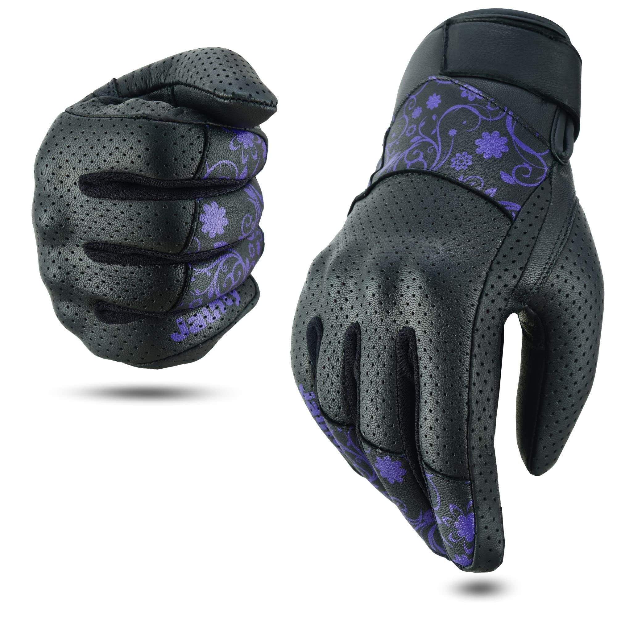 JAUNTY women's leather motorcycle gloves with perforated panels for breathable wear.