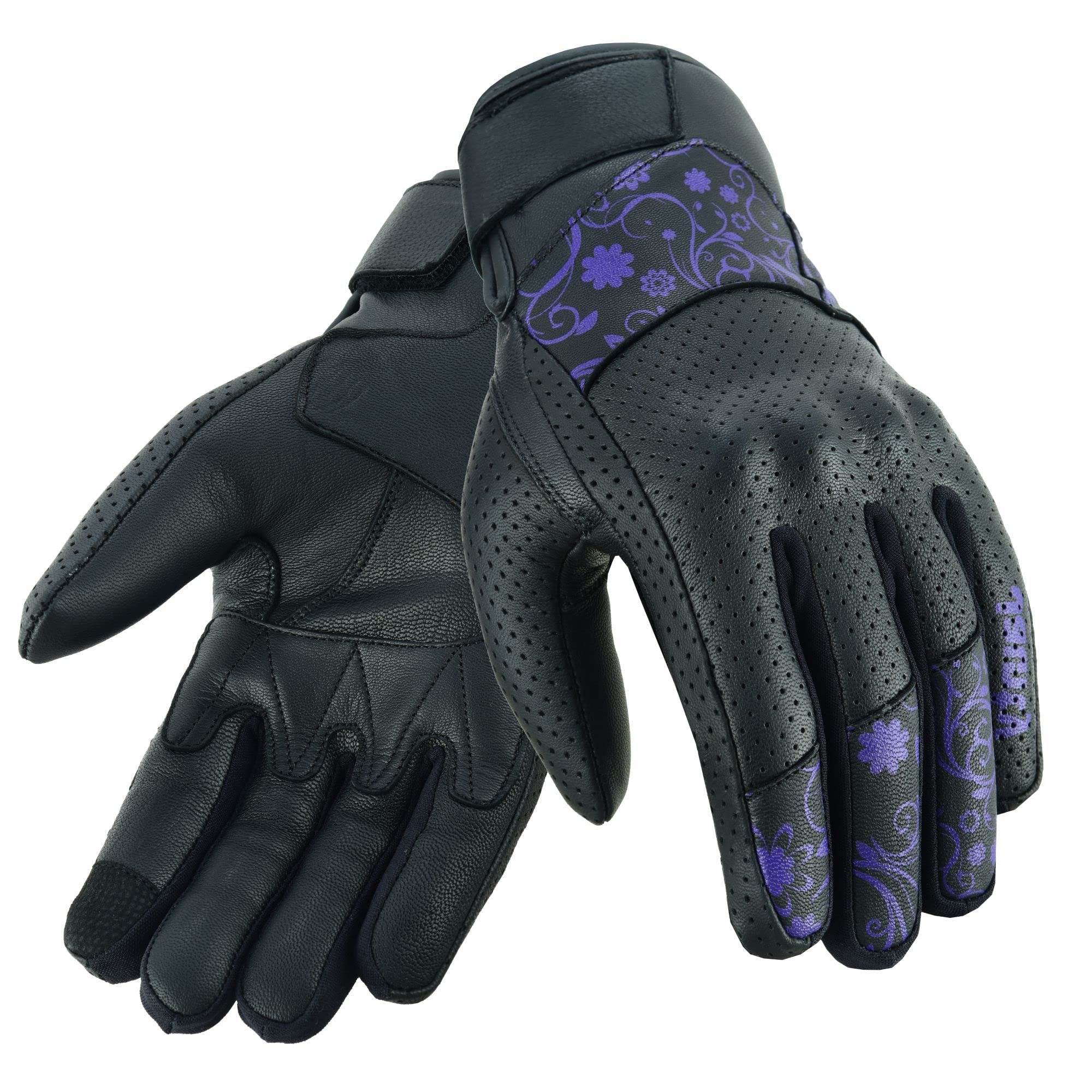 JAUNTY purple leather gloves add style and practical protection.