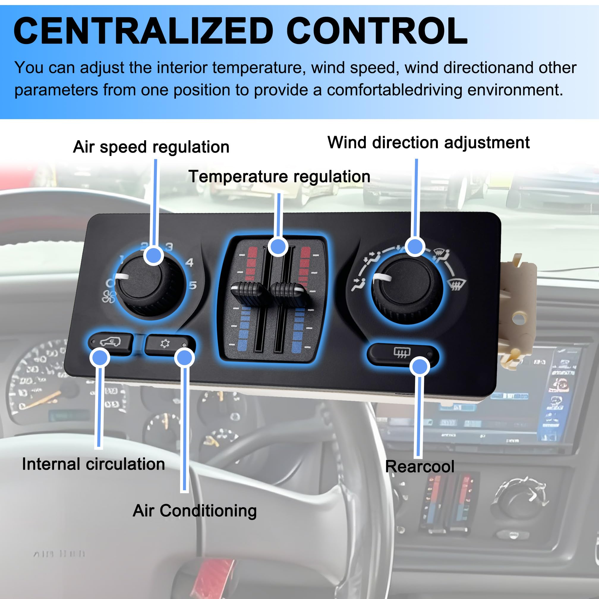 JAVENYIMAN 599-210XD front panel buttons close-up, precise wind and temp controls
