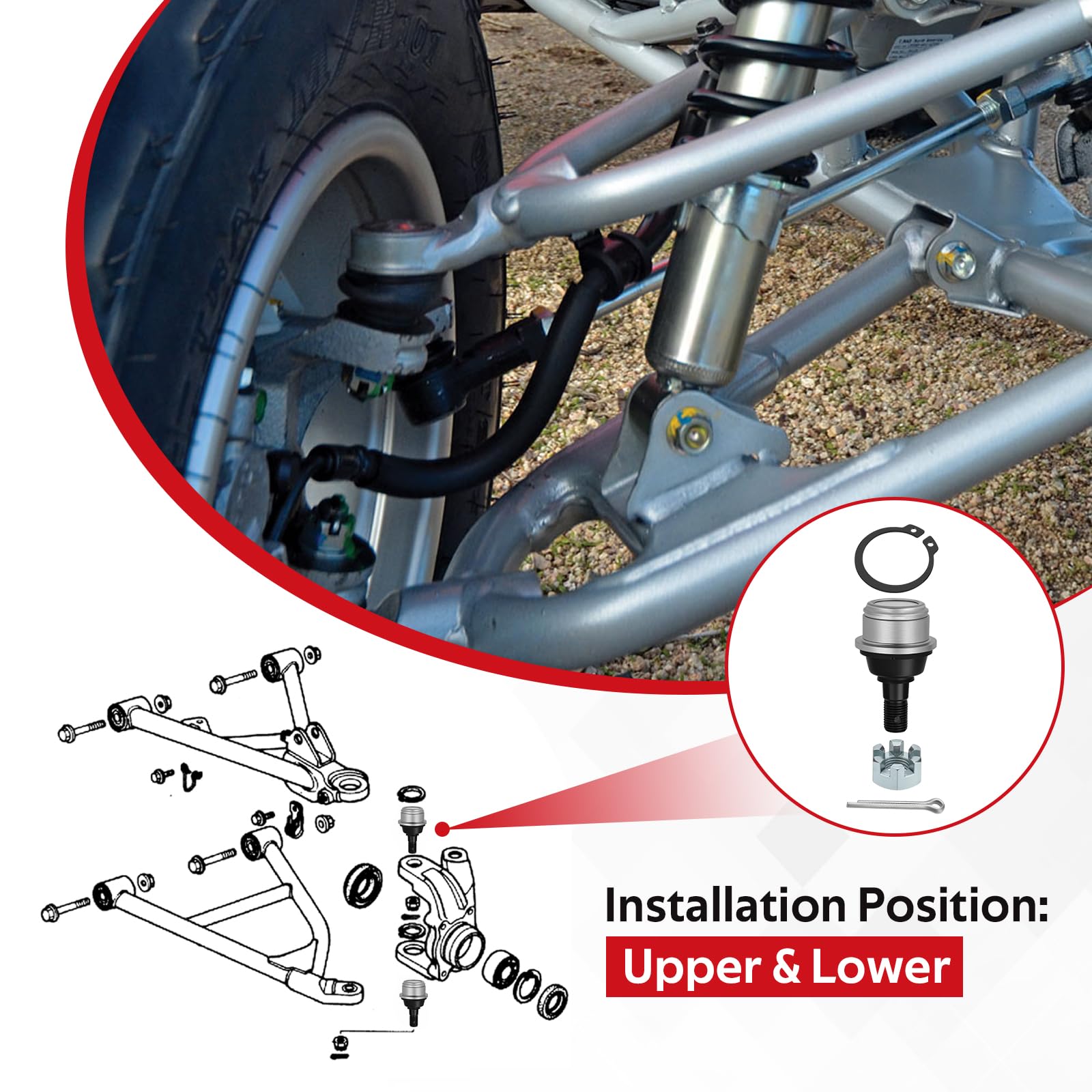 Contents include four ball joints, four nuts, pins, and clips for installation