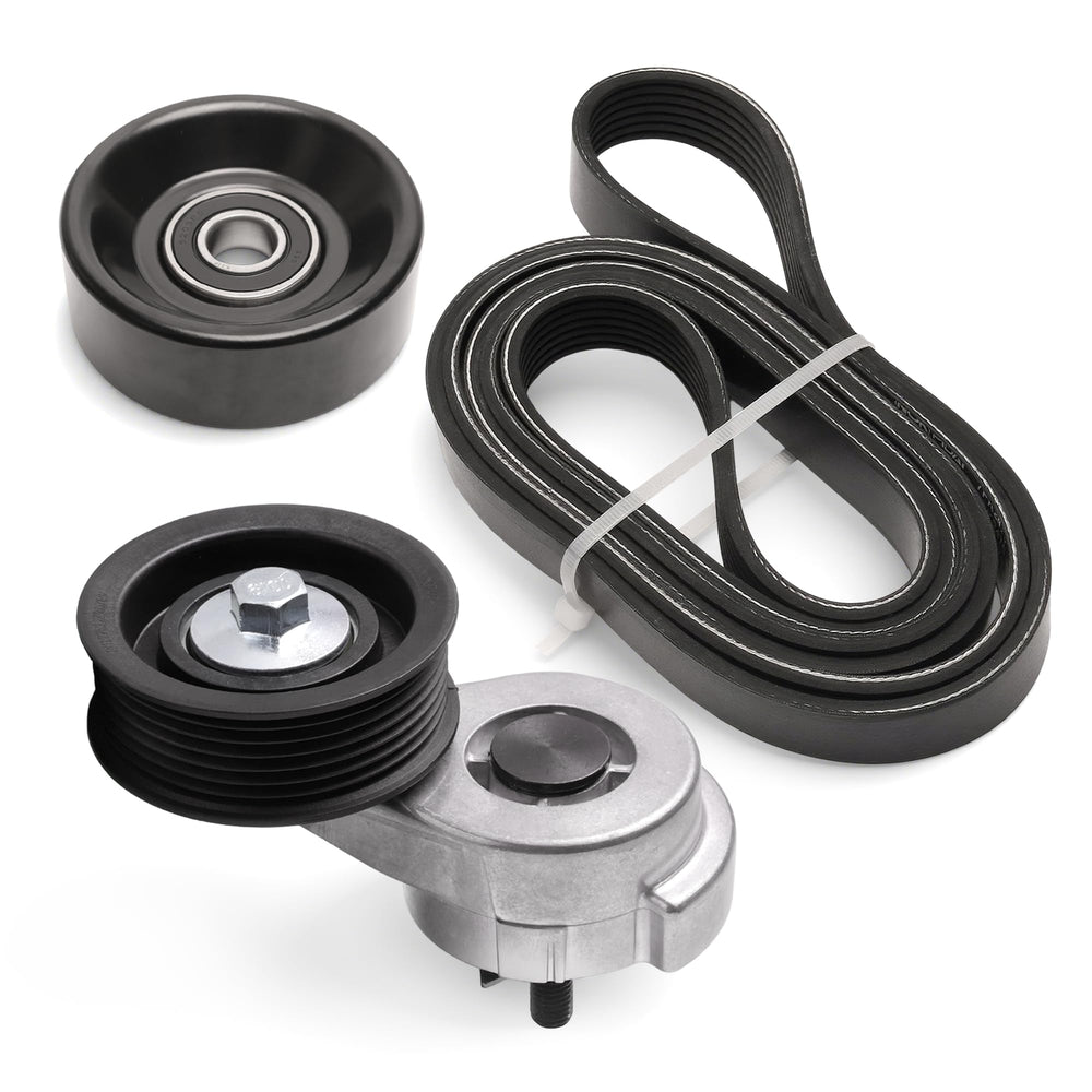 JAVOUKA belt tensioner kit installed on a Dodge Ram 1500 showing precise pulley alignment for smooth routing