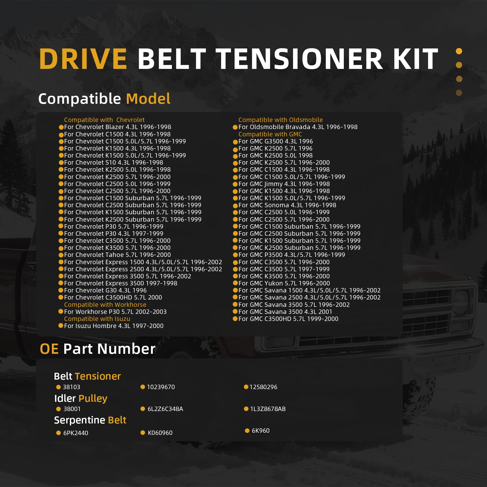 JAVOUKA serpentine belt idler pulley kit packaging shows comprehensive compatibility options.