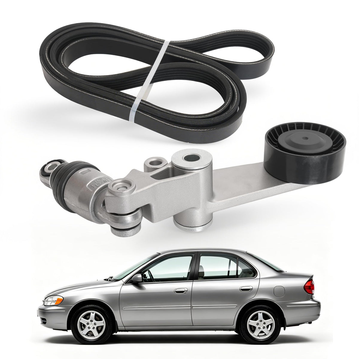 JAVOUKA serpentine belt tensioner kit front view shows ready-for-install look for Toyota models.