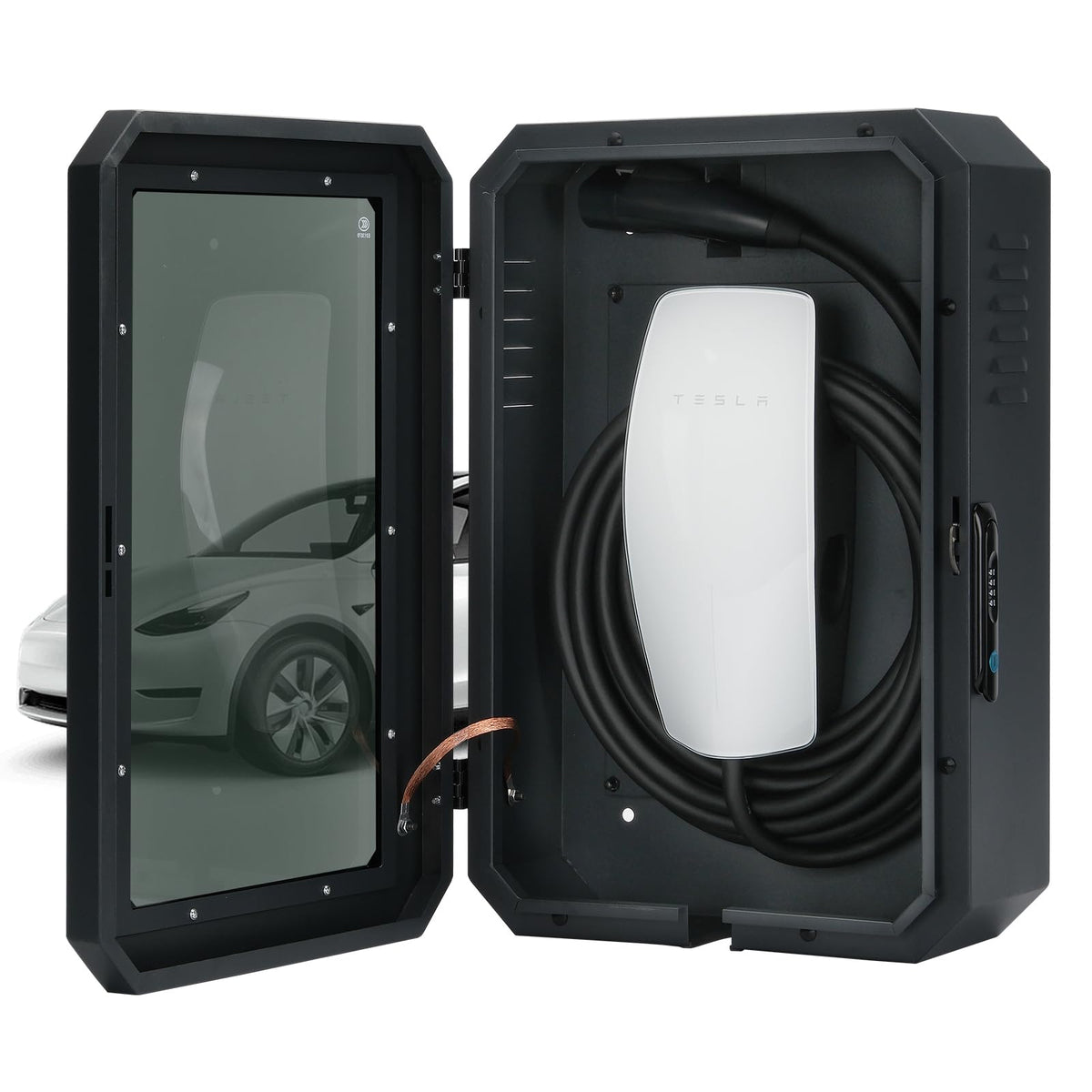 Jawjut wall charger box front view with visible charging indicator for quick status checks.