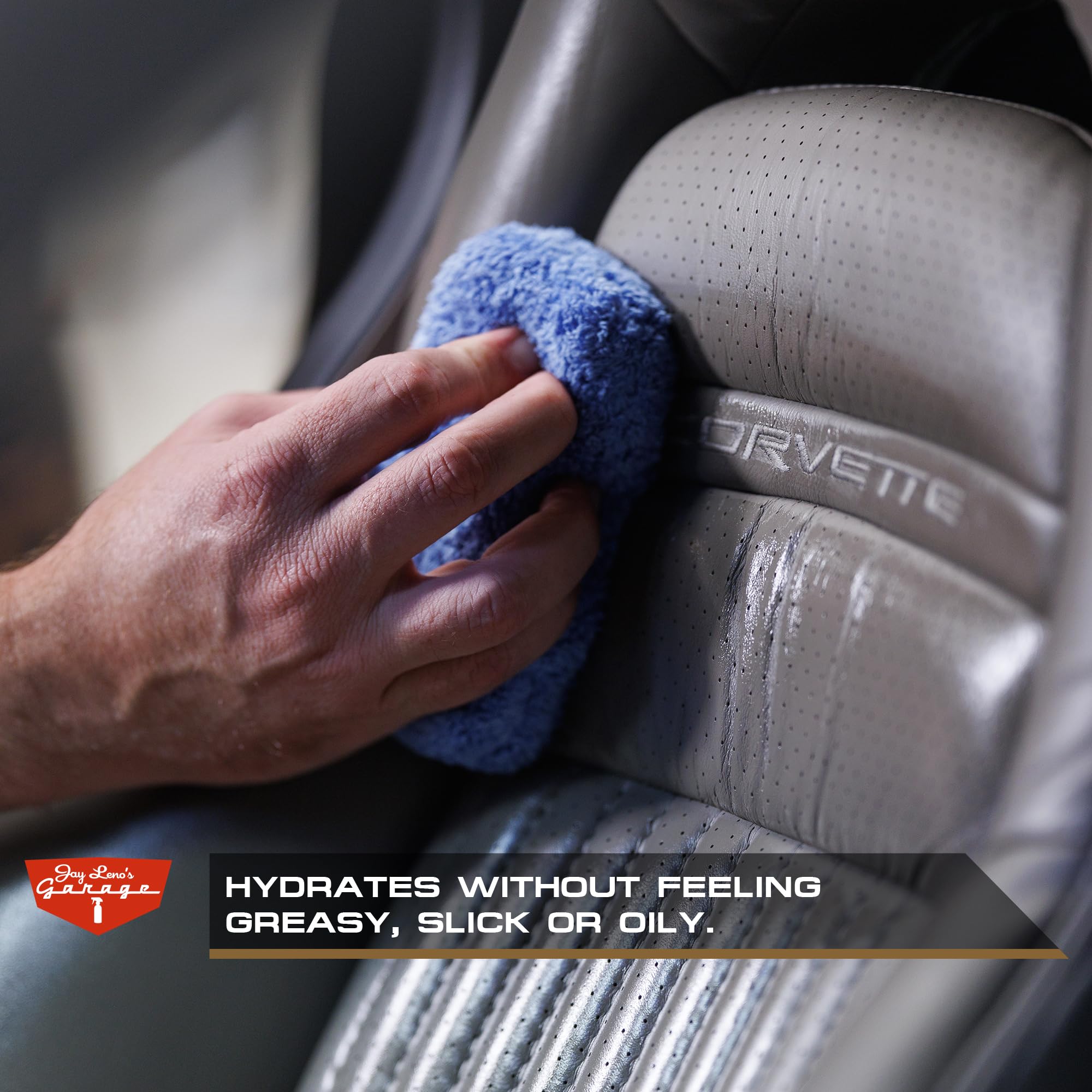 Jay Leno's Garage cleaned leather seat shows revived color and smooth texture