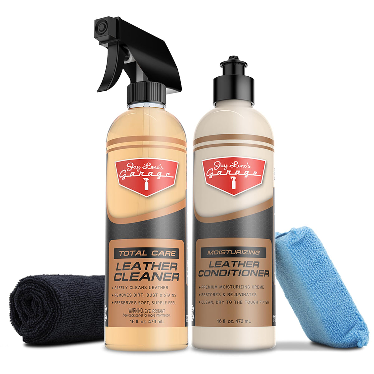 Jay Leno's Garage leather cleaner bottle for quick and effective dirt removal