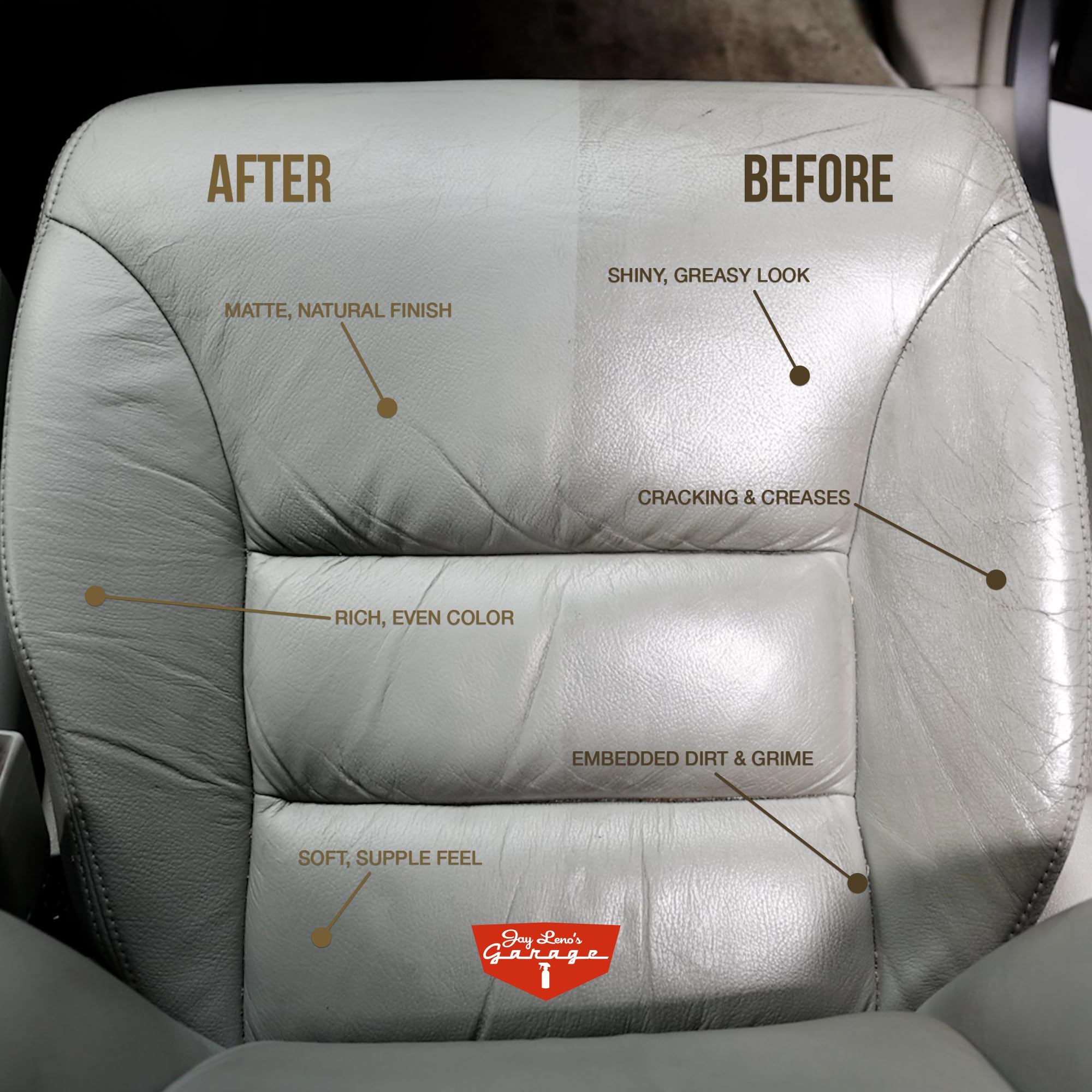 Jay Leno's Garage leather dashboard after treatment with natural shine