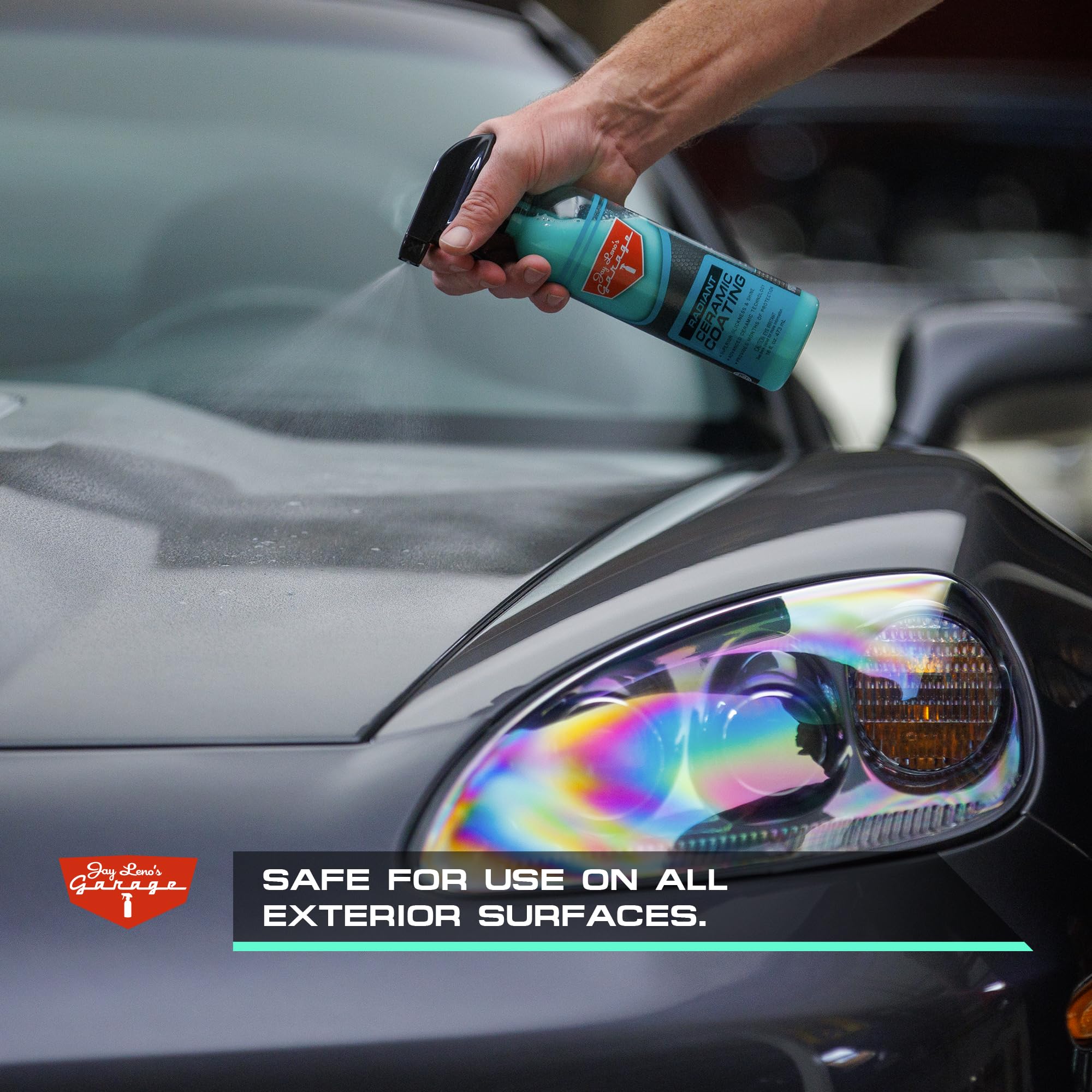 Microfiber cloth applying Jay Leno's Garage Radiant Ceramic Coating on paint