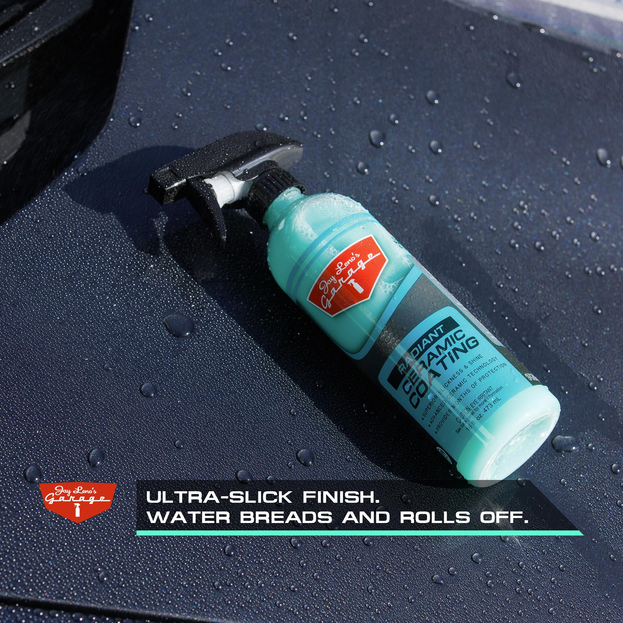 Jay Leno's Garage Radiant Ceramic Coating on a glossy panel showing showroom-ready finish