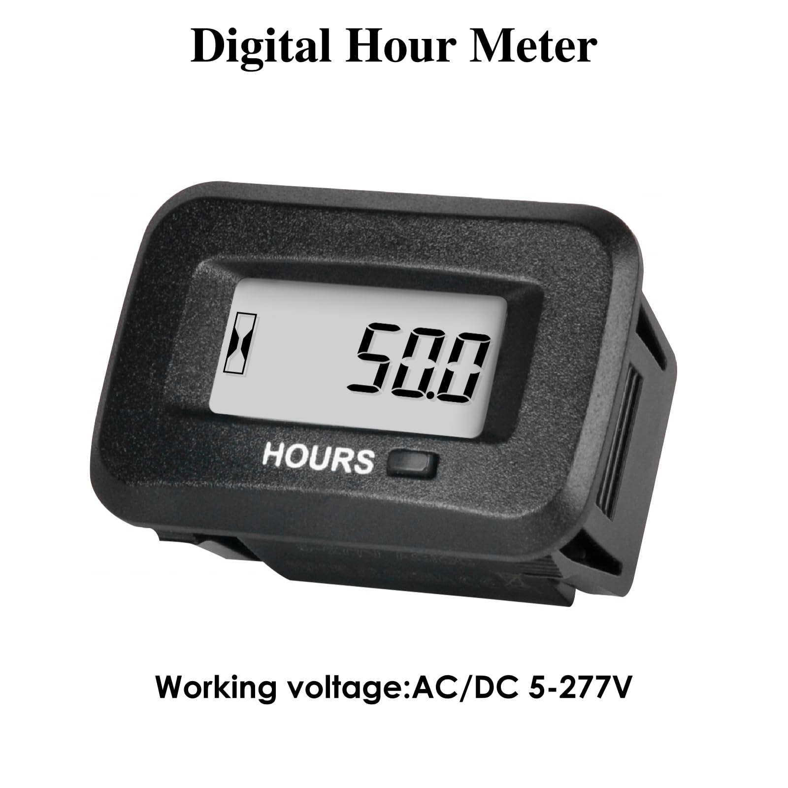Jayron hour meter with snap-in installation makes mounting easy on standard panels.