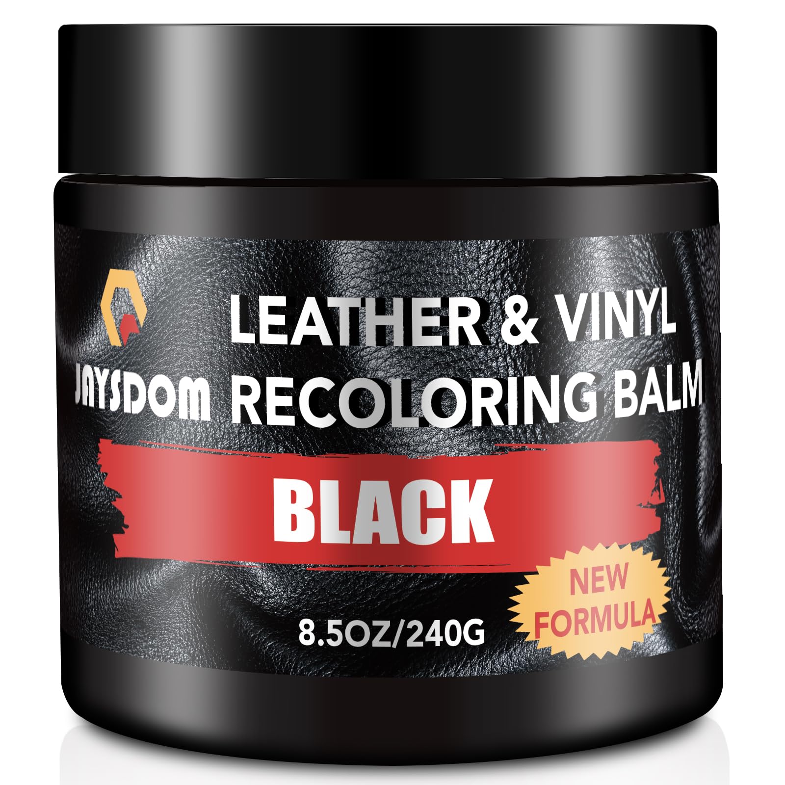 JAYSDOM leather recoloring balm packshot showing vibrant color restoration.
