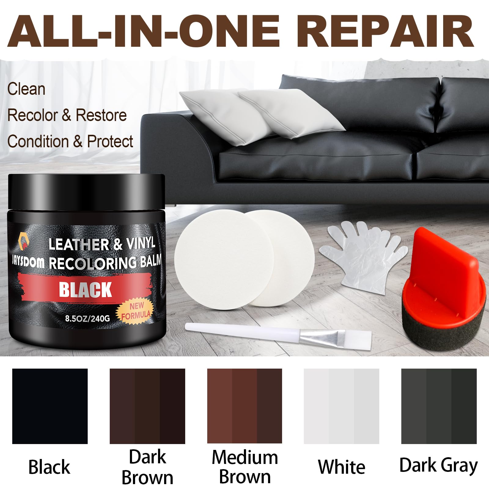 JAYSDOM scratch remover in action on leather with seamless repair.