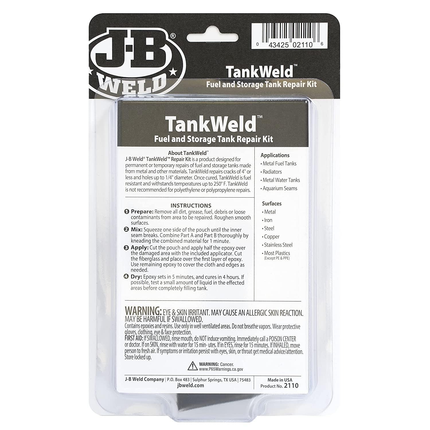 J-B Weld 2110 epoxy putty and fiberglass cloth for a strong seal