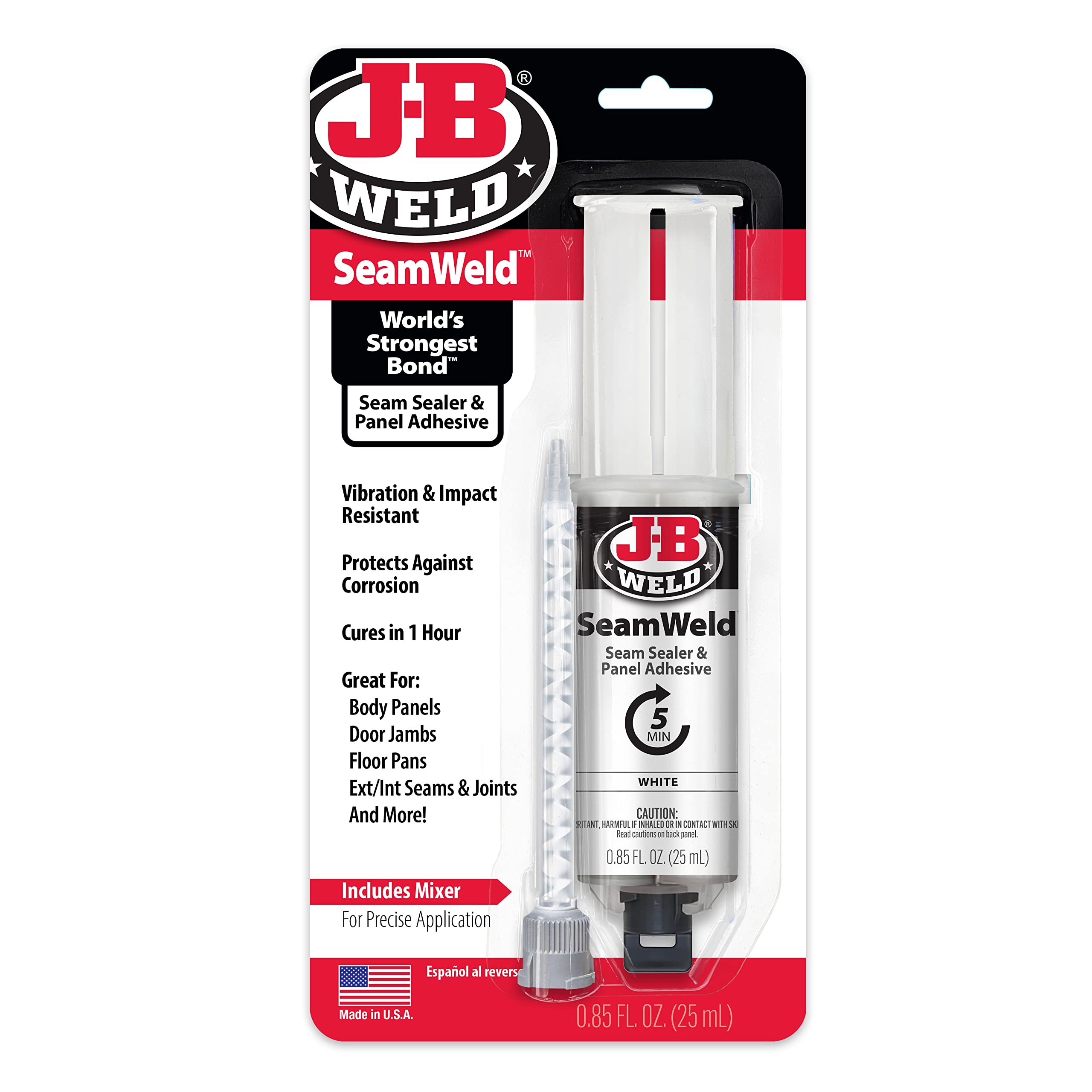 JB Weld SeamWeld 25ml white bottle for durable automotive panel bonding.