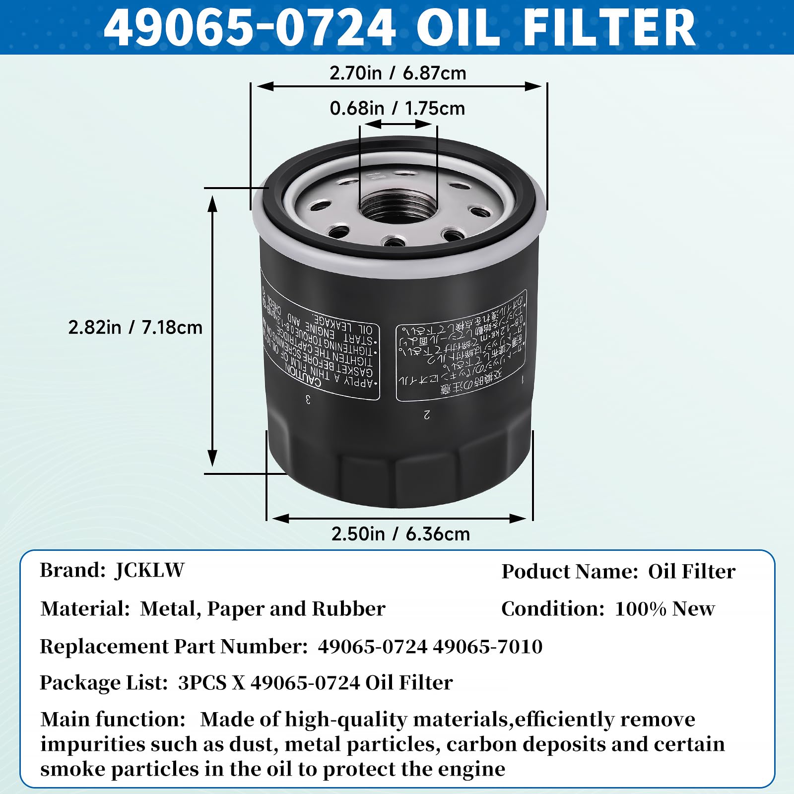 JCKLW oil filter metal shell; thick, sturdy body resists deformation.