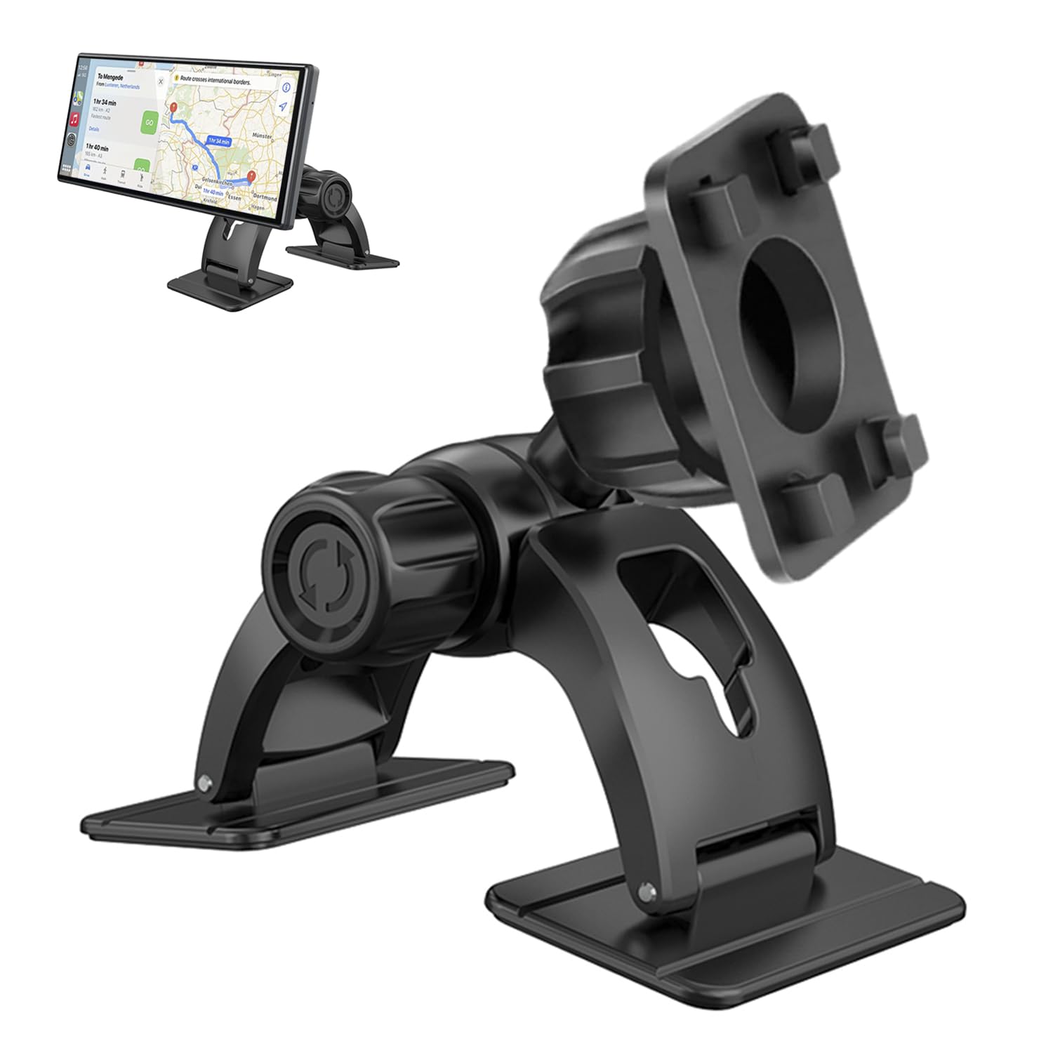 JCTRIWAY adhesive base secures CarPlay mount on dashboard surfaces.