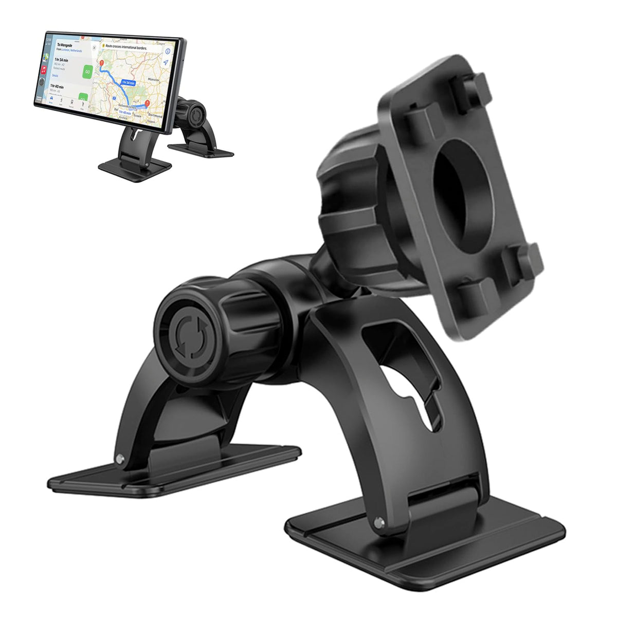 JCTRIWAY adhesive base secures CarPlay mount on dashboard surfaces.