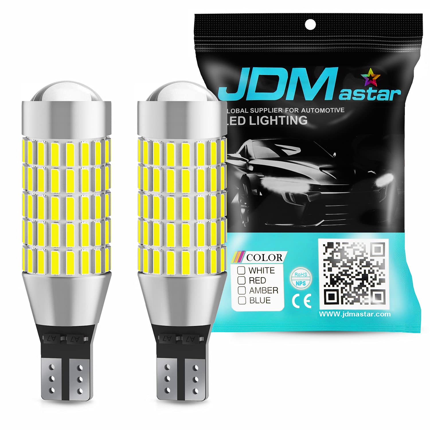 JDM ASTAR backup LED bulbs close-up showing bright 2000 lumens for reverse lighting
