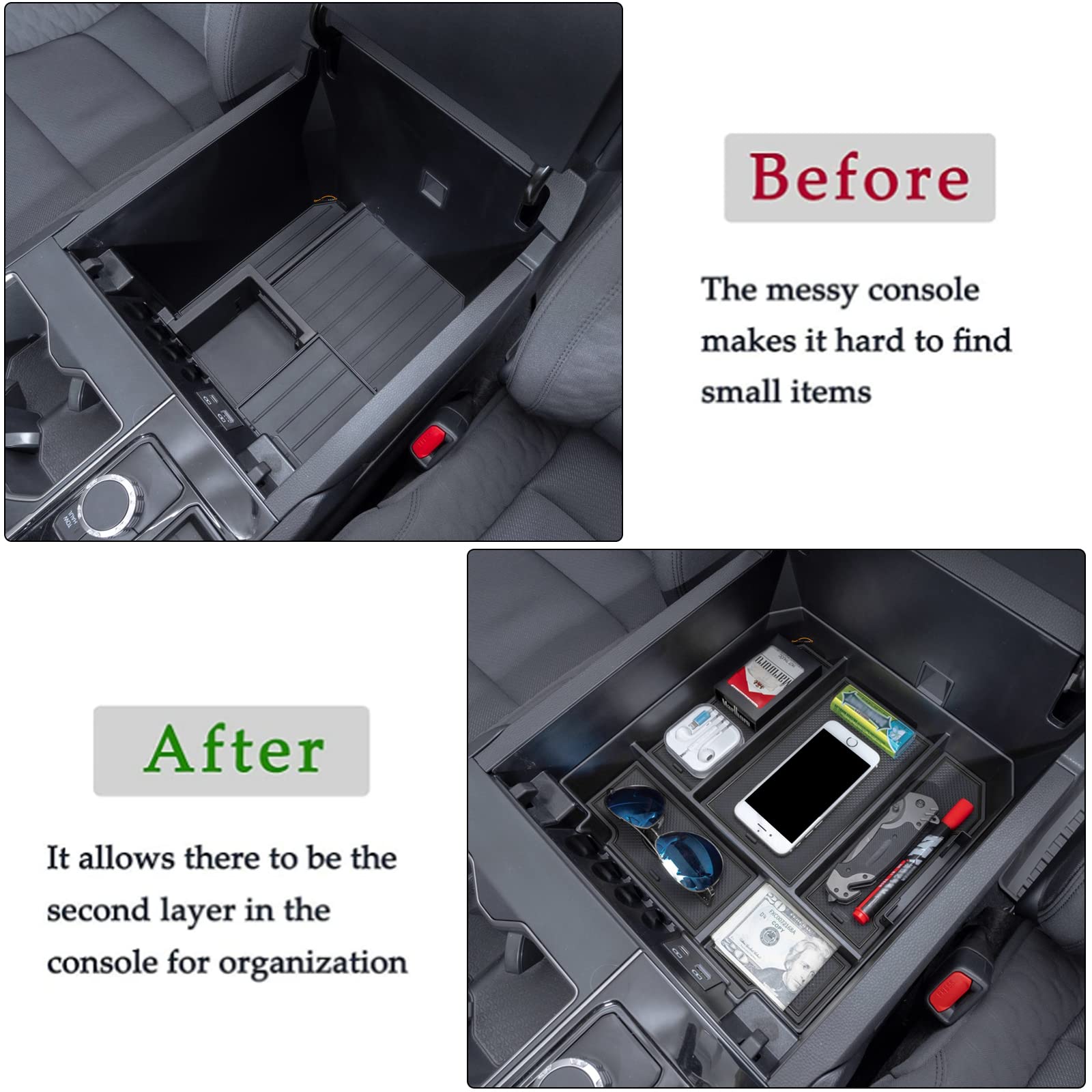 JDMCAR organizer for Tundra with five compartments keeps items organized.