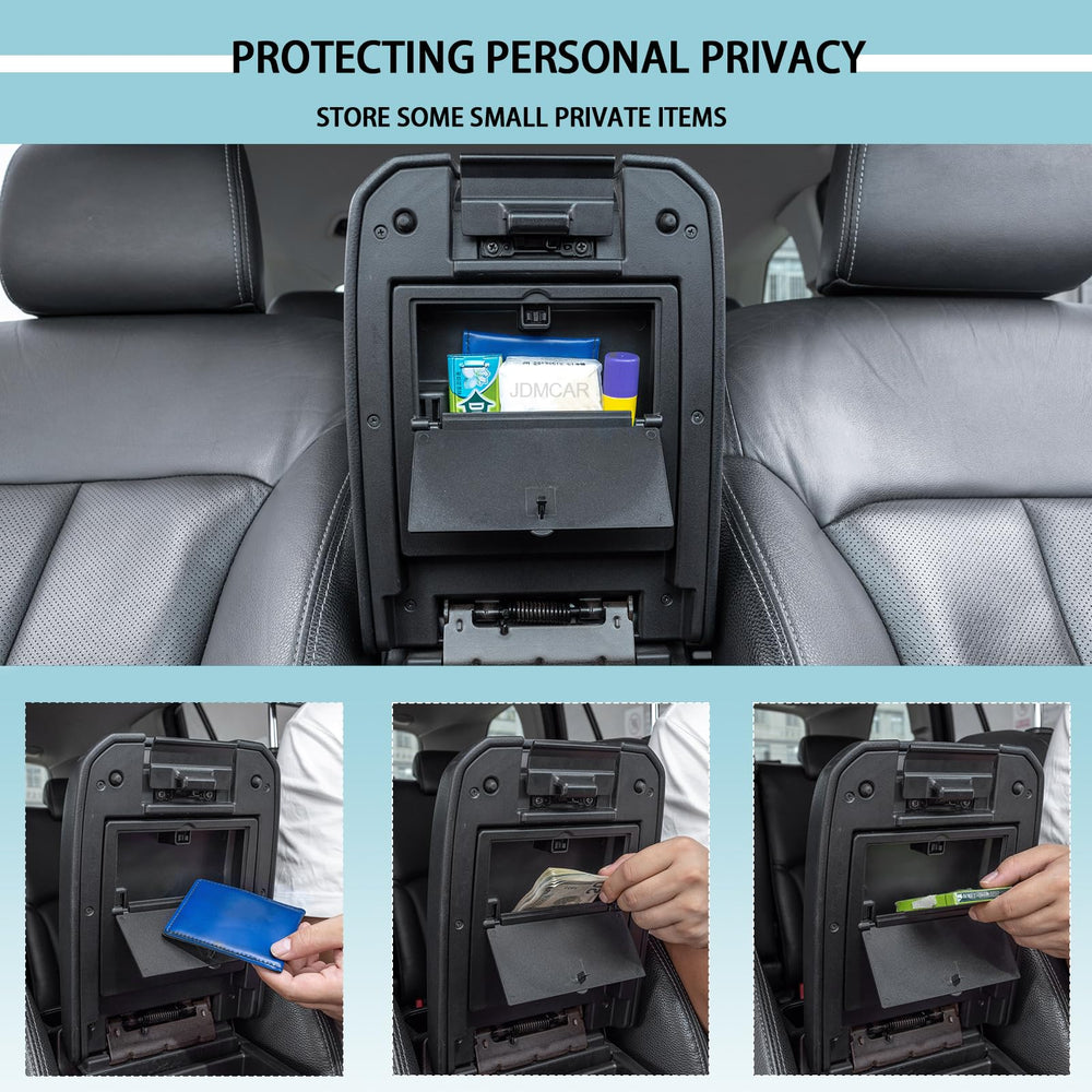 Close-up of hidden compartment behind Tacoma armrest lid for valuables.
