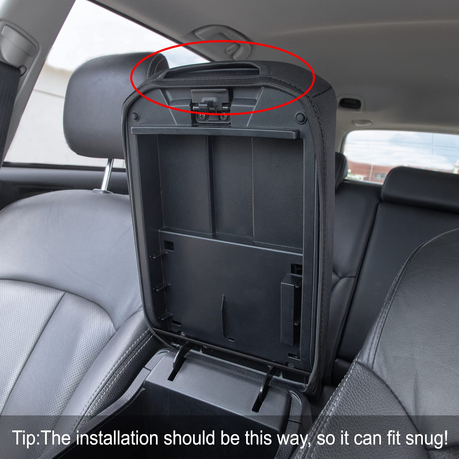 JDMCAR center console cover side closeup; durable neoprene shields against dirt and claws.