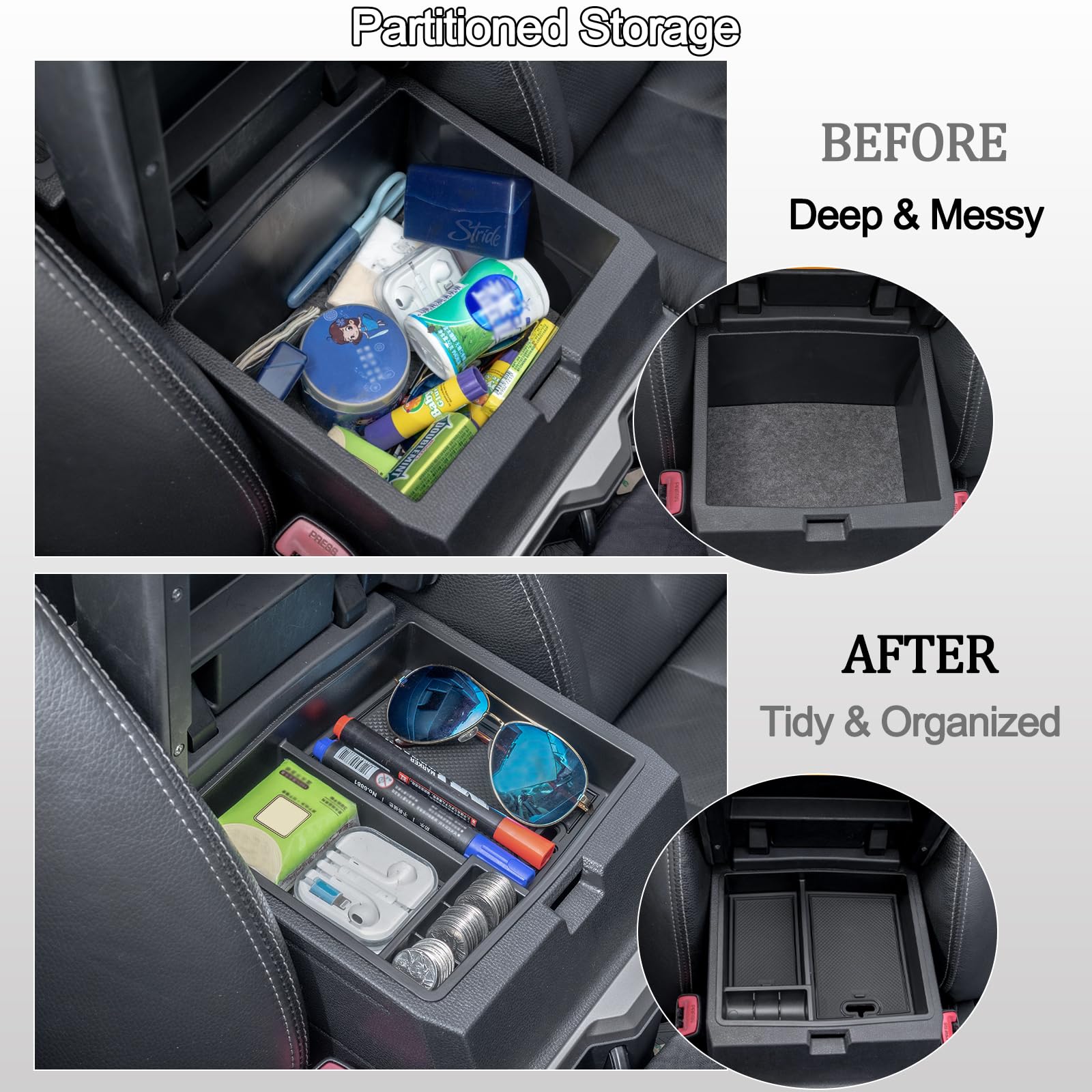 JDMCAR anti-slip tray in Tacoma organizer prevents items from sliding during drive.