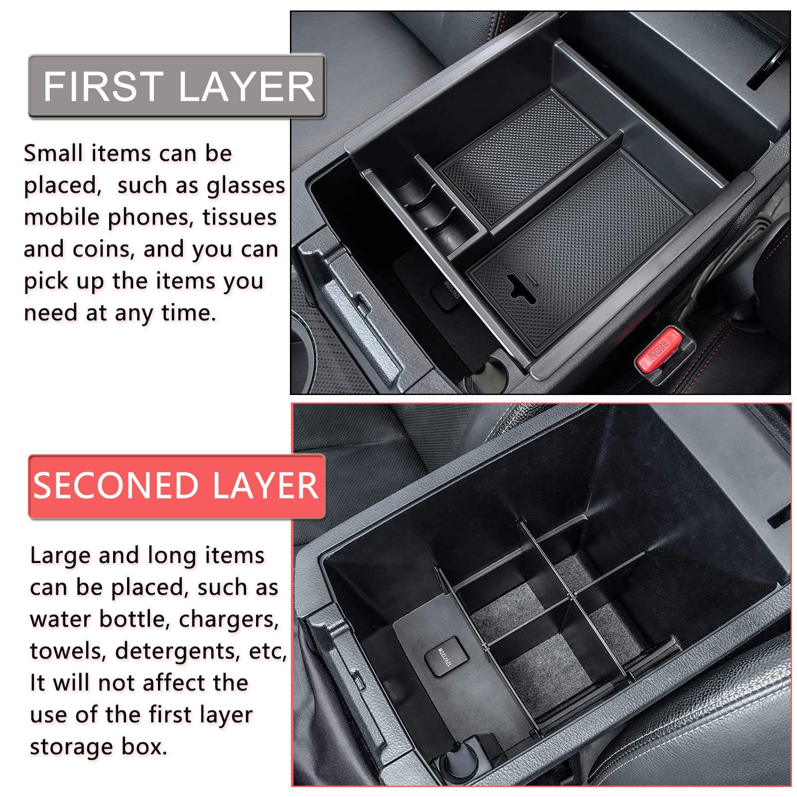 JDMCAR center-console-organizer-matte-finish minimizes slipping while driving.