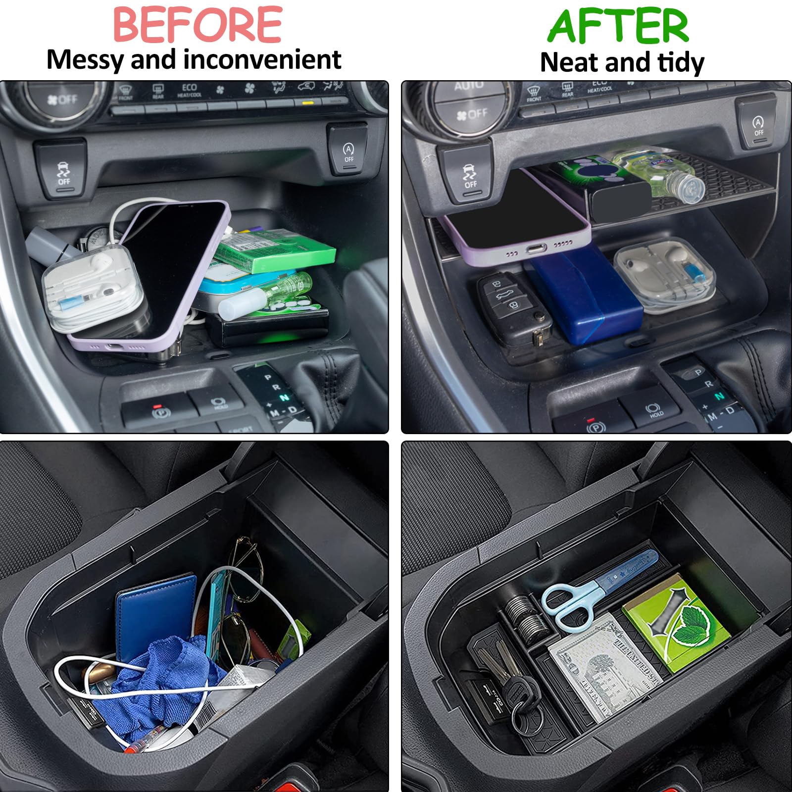 JDMCAR center console organizer for Toyota RAV4 side view highlights layered storage for small items.