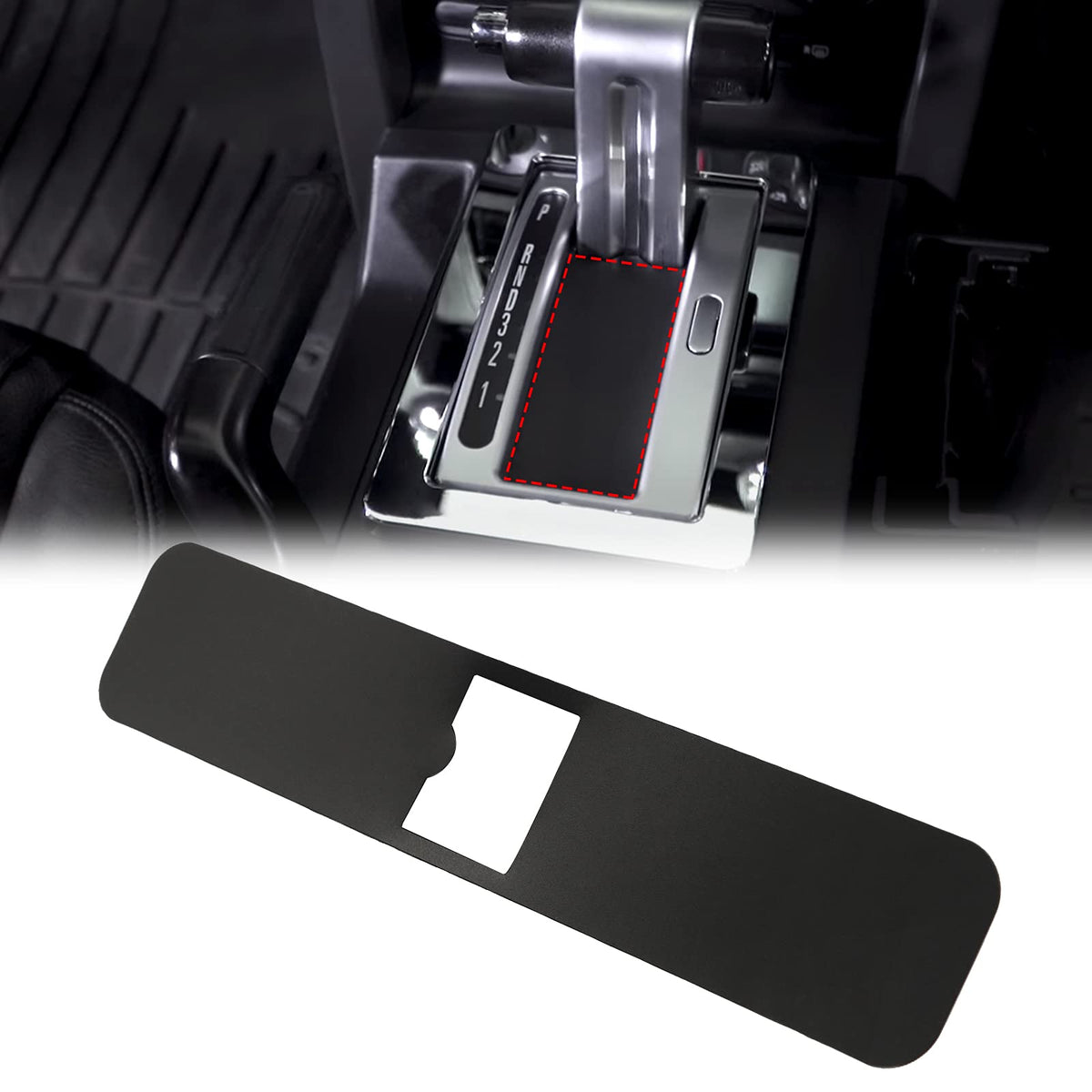 JDMON auto shifter blind cover front view protects Mustang shifter from dust.