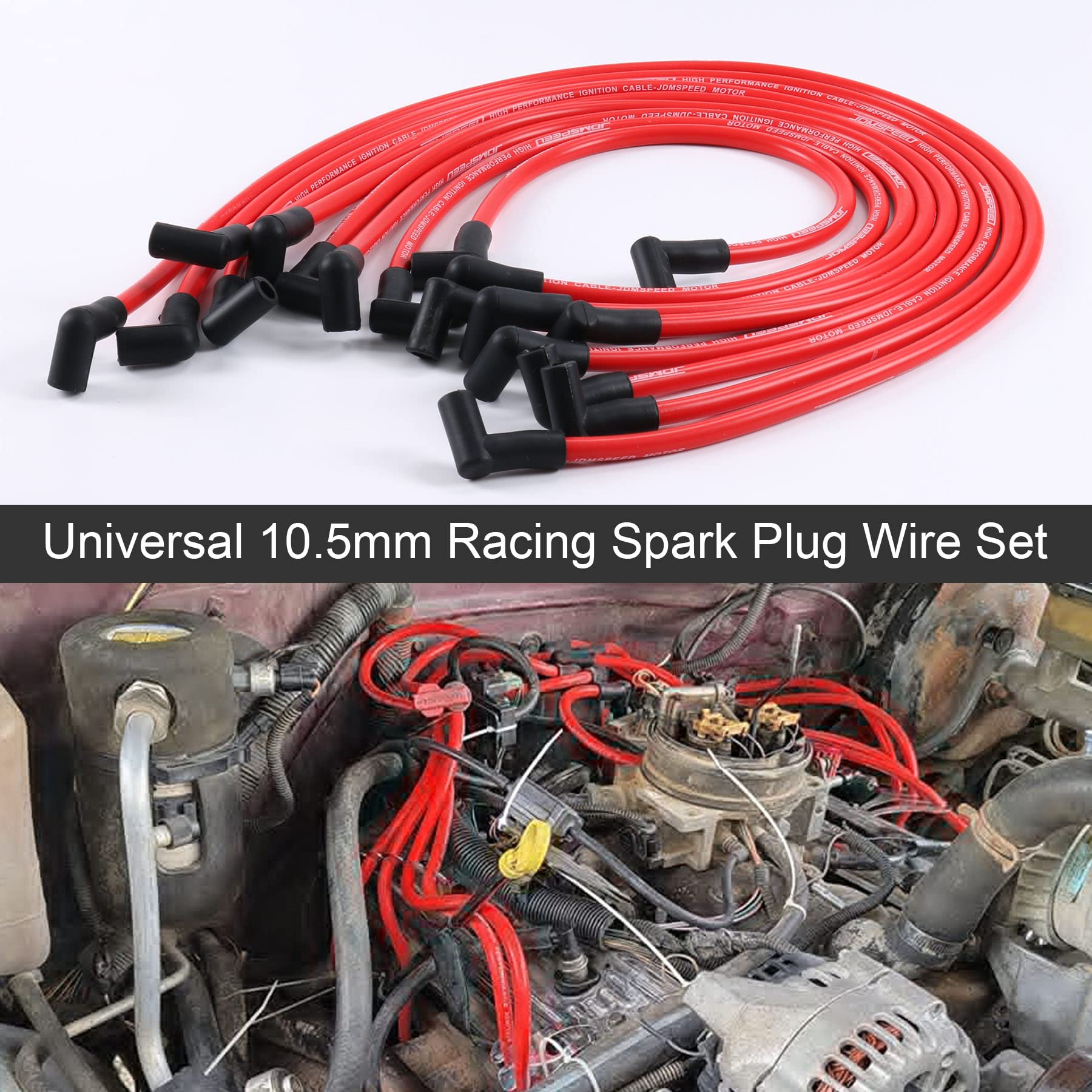 Engine bay with JDMSPEED wires neatly routed on a Chevy engine
