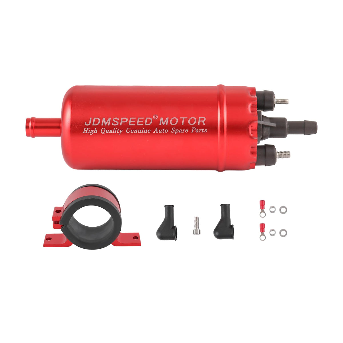 JDMSPEED external fuel pump with red bracket shown in a close view for secure installation
