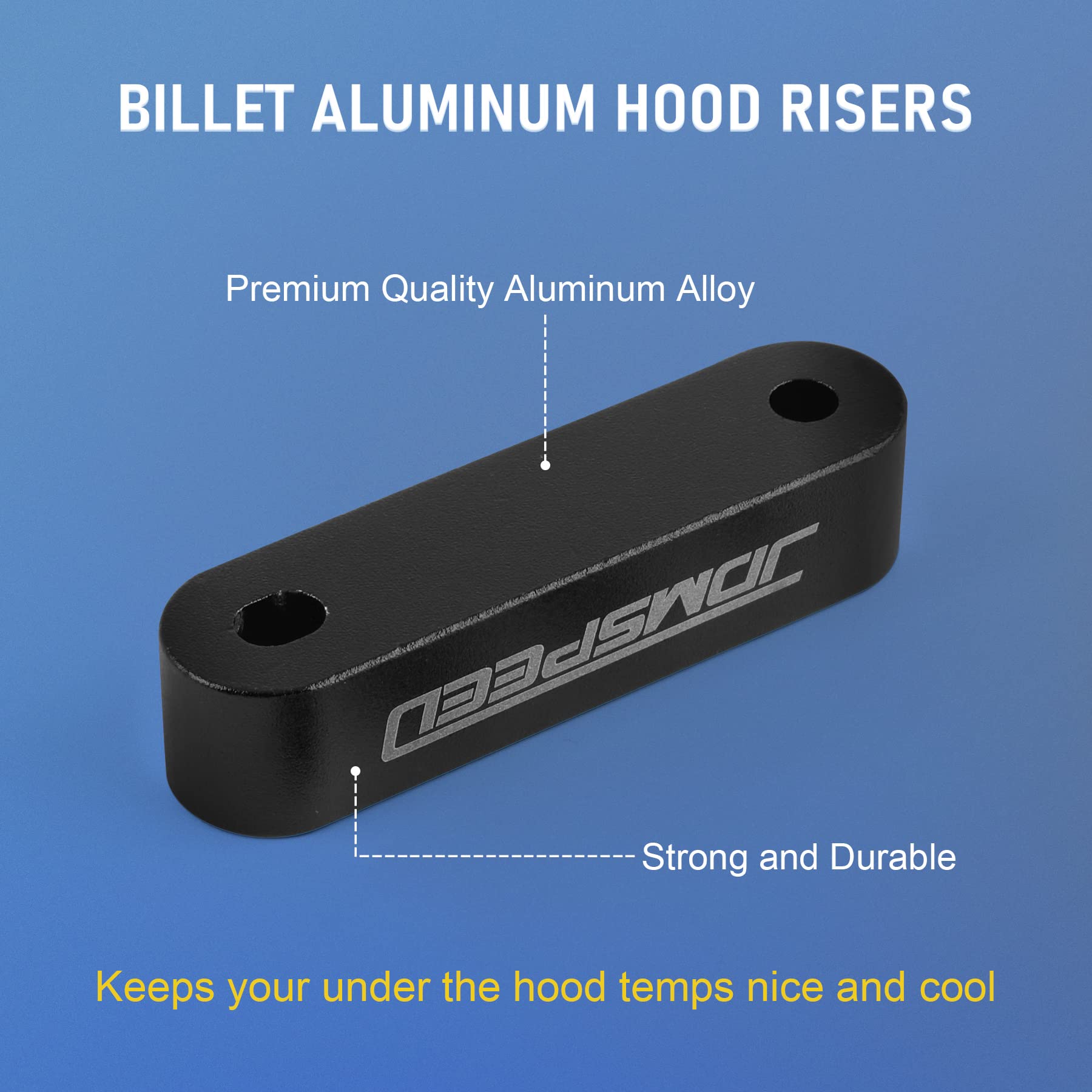 JDMSPEED hood spacer close-up on anodized finish and durability