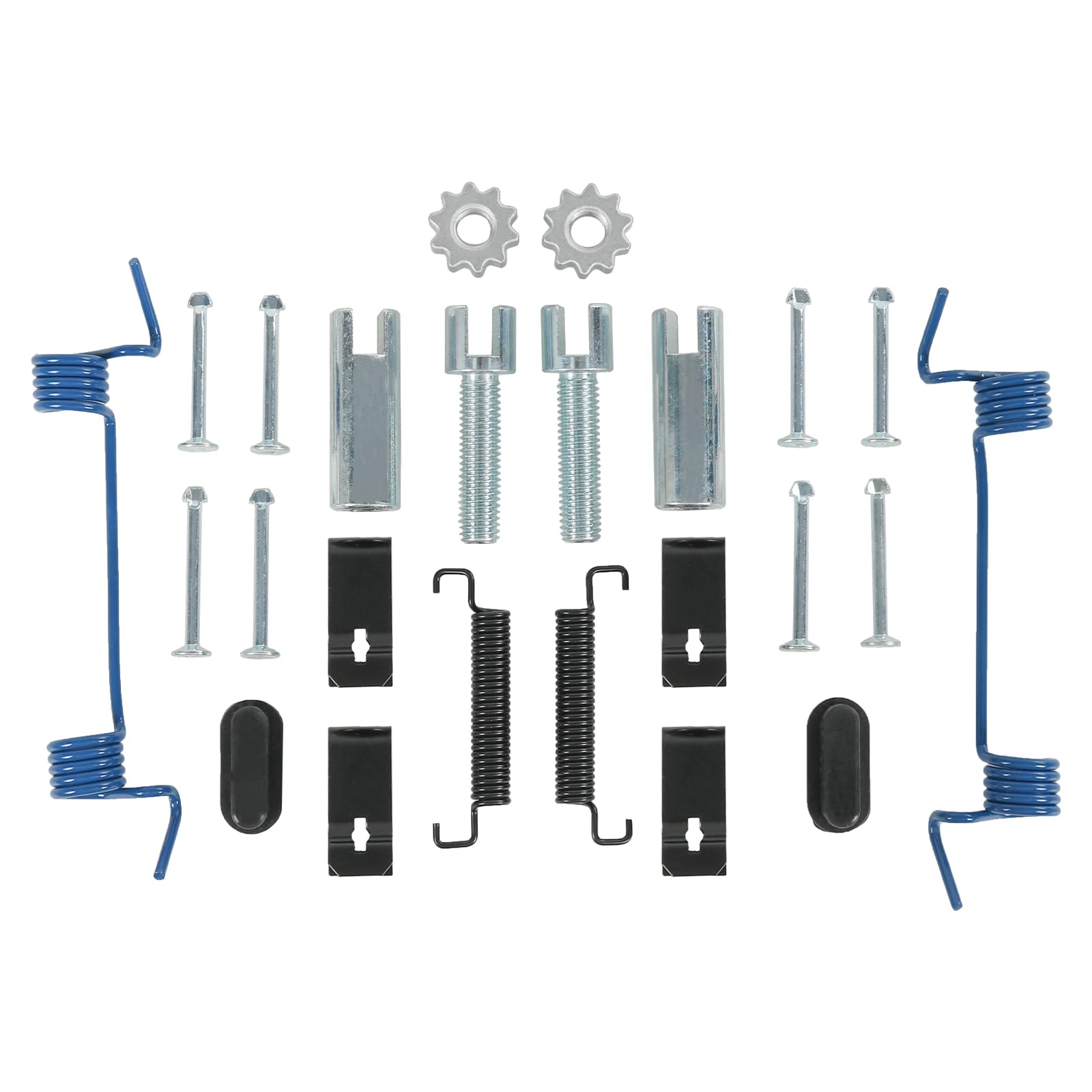 JDMSPEED HW7311 rear brake hardware kit components laid out for inspection