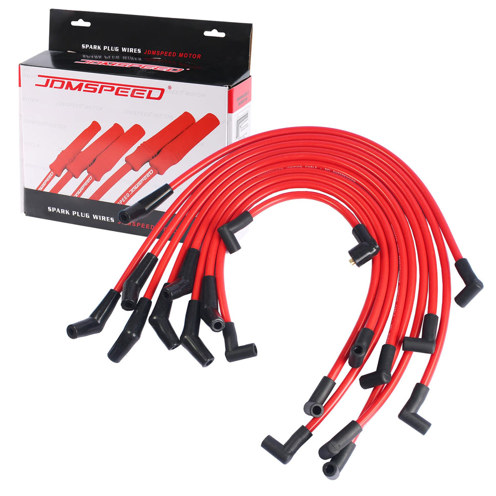 JDMSPEED Red 10.5mm racing spark plug wires on Ford 5.0L engine for enhanced performance