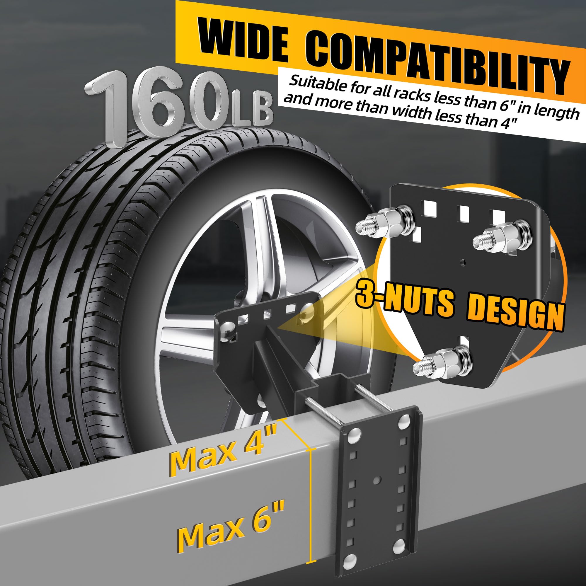 JEACENT spare tire mount features laser-welded, reinforced frame for durability.