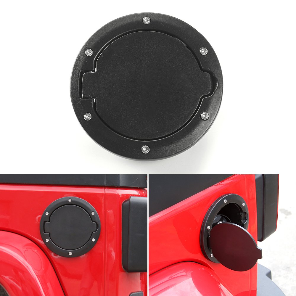 JeCar aluminum gas cap and fuel door on Jeep Wrangler JK, rugged and black finish.