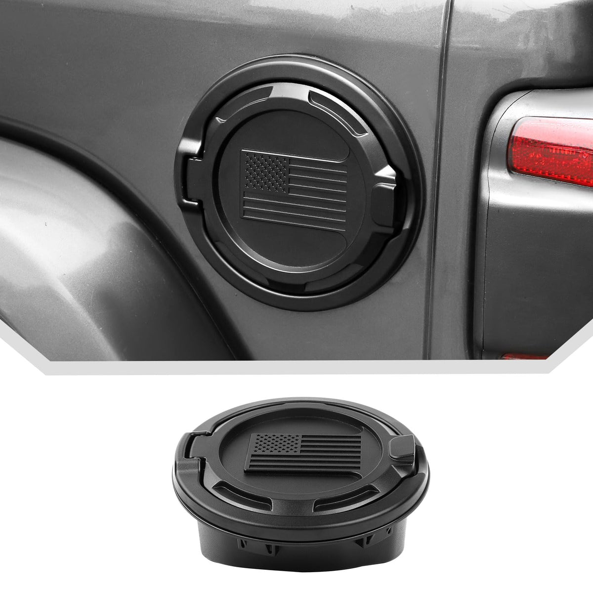 JeCar American flag gas cap cover on Jeep Wrangler JL enhances rugged look