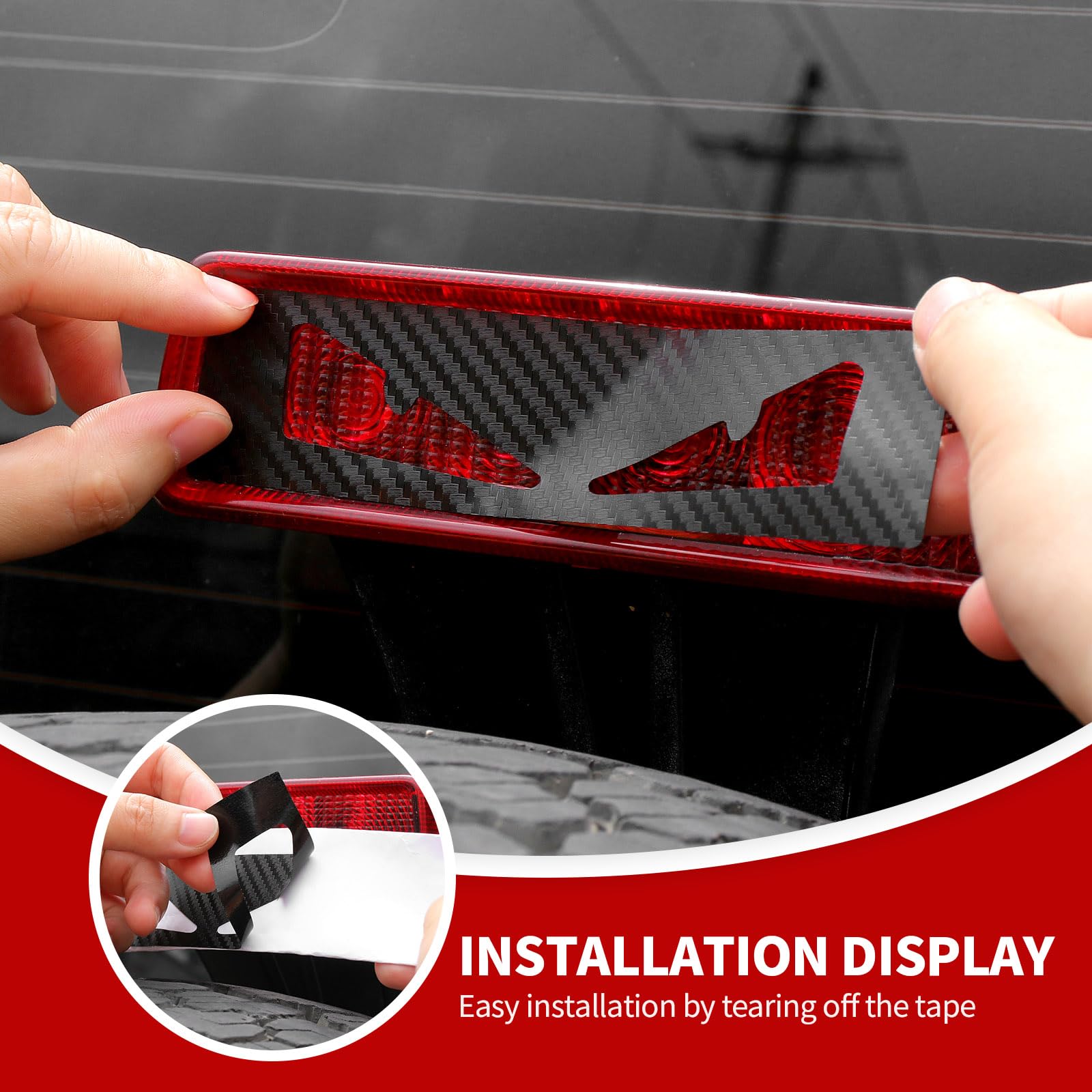 Close-up of JeCar carbon fiber texture on brake light decal highlighting durability