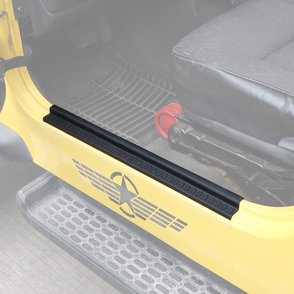 Jecar door sill guard for TJ 1997-2006 protects painted sills from scratches.