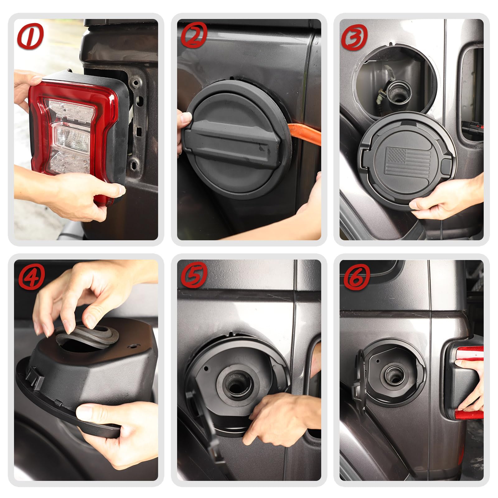 Easy replacement for factory fuel door with rugged upgrade from JeCar