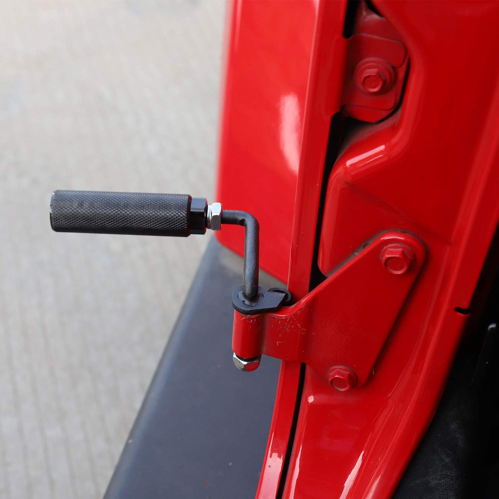 JeCar foot pegs door hinge mount demonstrates secure, no-drill installation