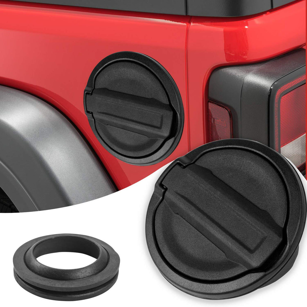 JeCar gas cap cover enhances Jeep Wrangler JL styling while protecting the fuel door.