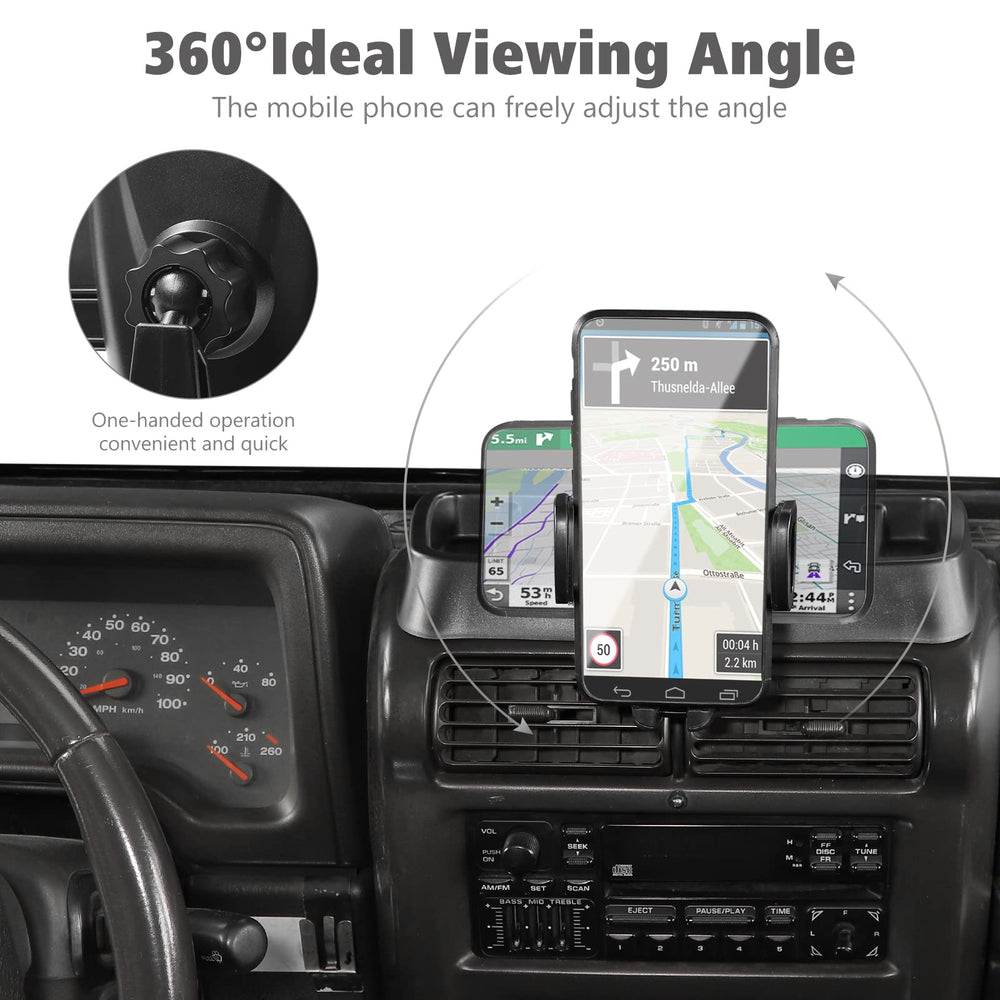 JeCar TJ phone holder with 360 rotation for adjustable viewing angles.