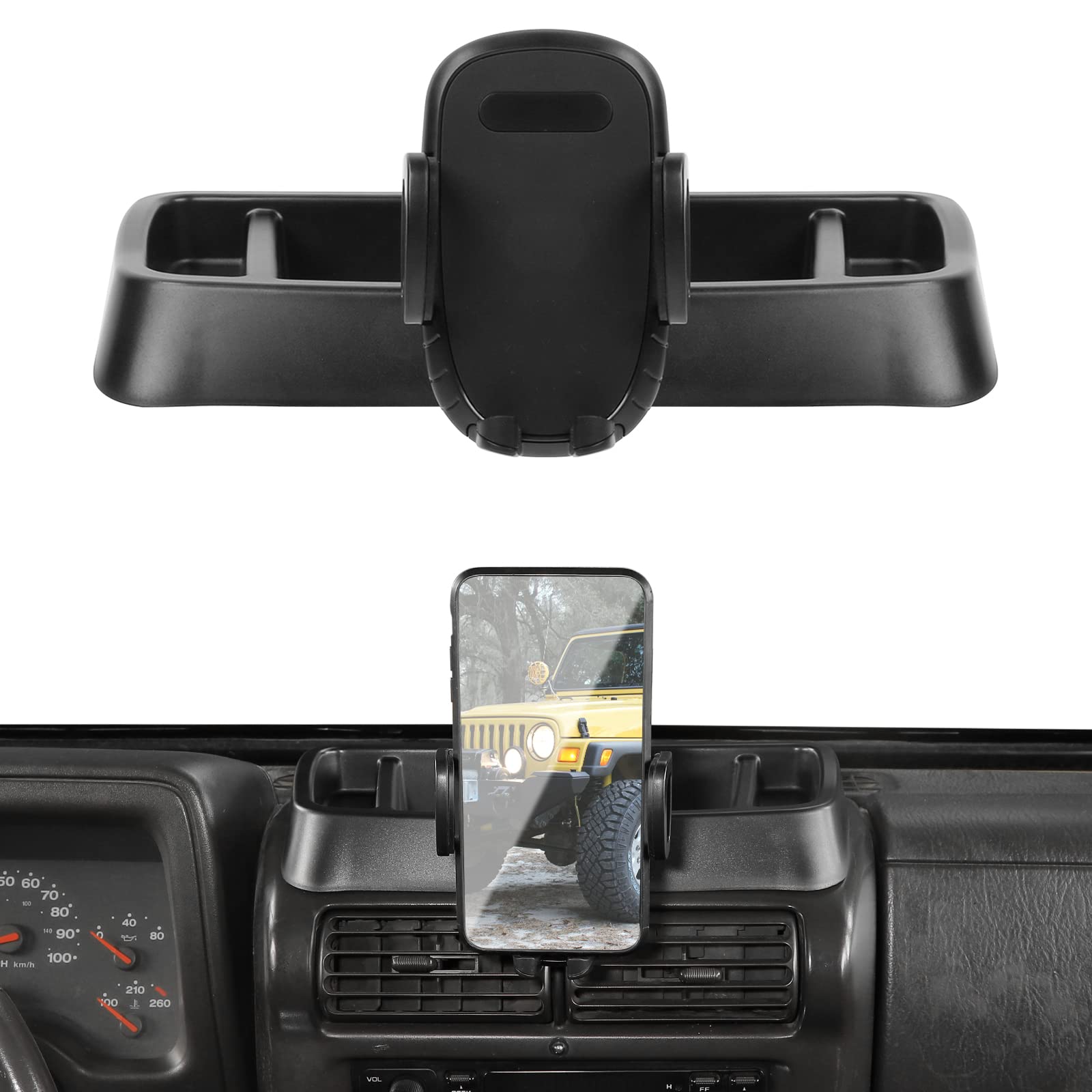 JeCar TJ phone holder mounted on Jeep Wrangler TJ dash for secure hands-free driving.