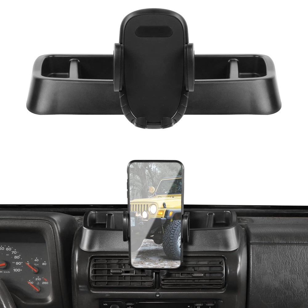 JeCar TJ phone holder mounted on Jeep Wrangler TJ dash for secure hands-free driving.