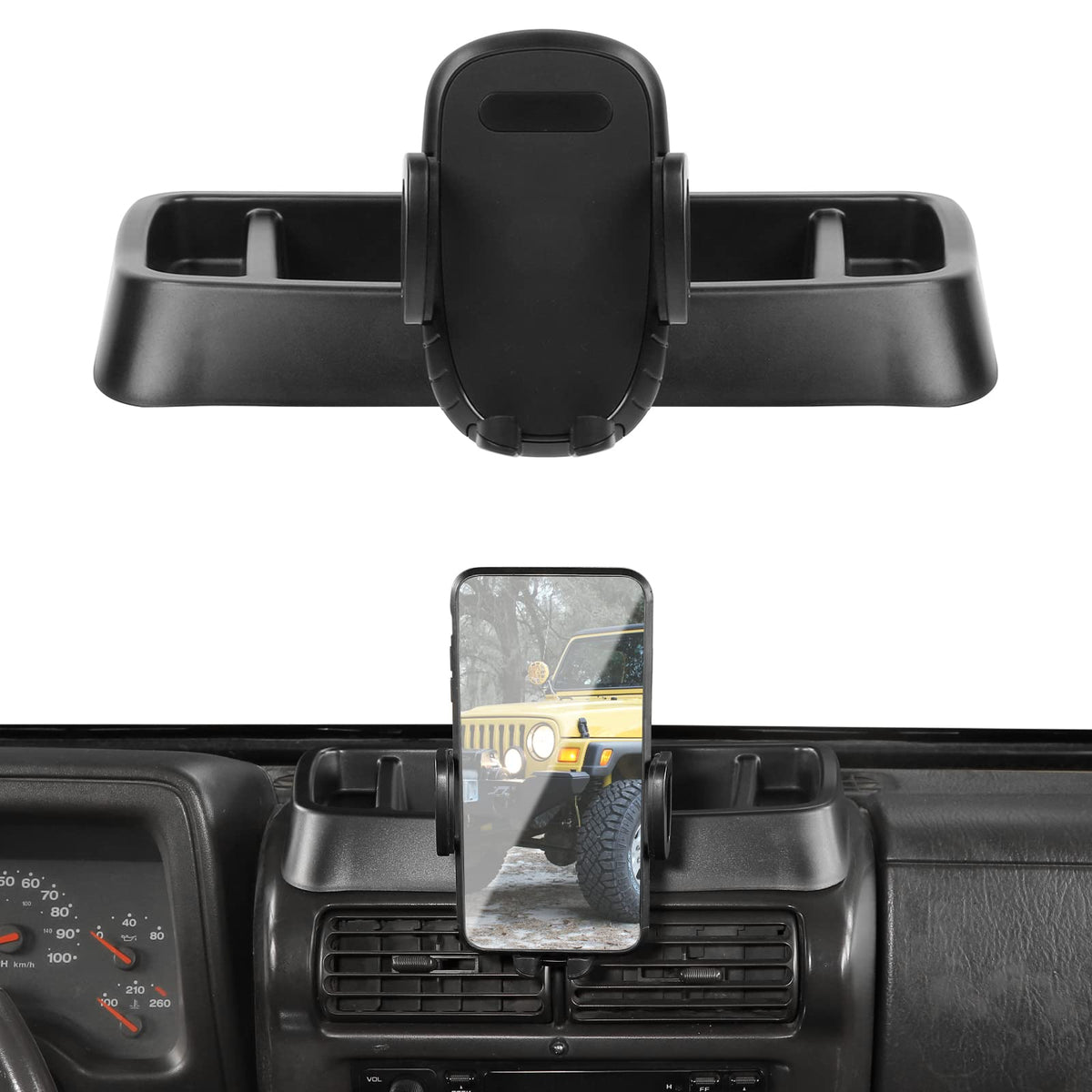 JeCar TJ phone holder mounted on Jeep Wrangler TJ dash for secure hands-free driving.